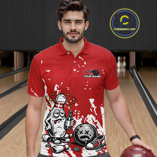 In a bowling lane, male model wearing a red and white polo shirt, humorous drunk cartoon bowling pin holding a beer bottle and bowling ball with splatter-style background design.