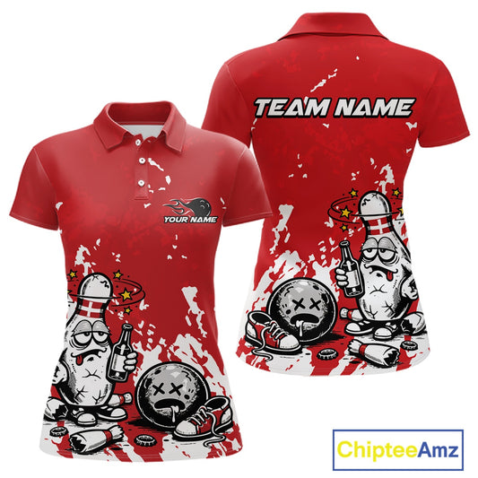 Front and back view of a women’s polo shirt mockup in red and white, featuring splatter-style drunk bowling pin holding beer bottle and bowling ball.