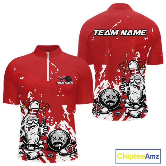 Front and back view of a men’s quarter-zip bowling shirt mockup in red and white, featuring splatter-style drunk bowling pin illustration with beer and ball.