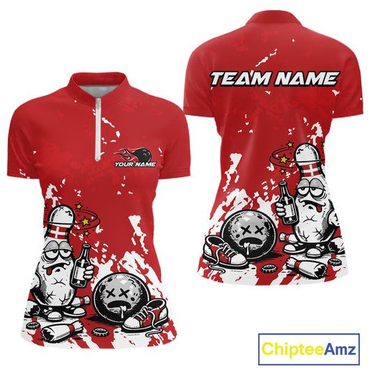 Women’s quarter zip bowling shirt mockup in red and white splatter background, funny bowling pin holding beer bottle and bowling ball artwork