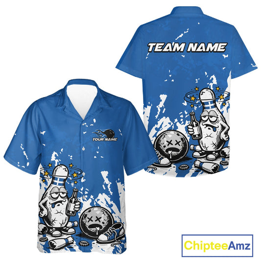 Front and back view of a button-up bowling shirt mockup in blue and white, featuring splatter-style drunk bowling pin holding beer bottle and bowling ball illustration.