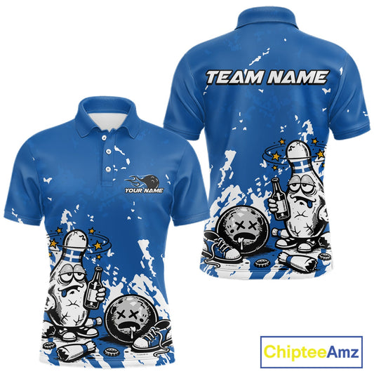Front and back view of a men’s polo shirt mockup in blue and white, featuring splatter-style drunk bowling pin holding beer bottle and bowling ball.