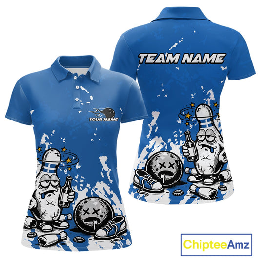 Front and back view of a women’s polo shirt mockup in blue and white, featuring splatter-style drunk bowling pin holding beer bottle and bowling ball design.