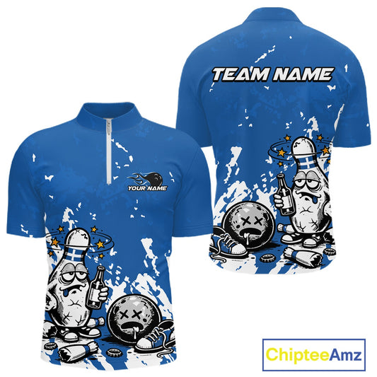 Front and back view of a men’s quarter-zip bowling shirt mockup in blue and white, featuring splatter-style drunk bowling pin with beer bottle and ball.