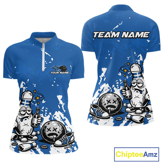 Women’s quarter zip bowling shirt mockup in blue and white splatter background, cartoon bowling pin drinking beer and holding bowling ball artwork