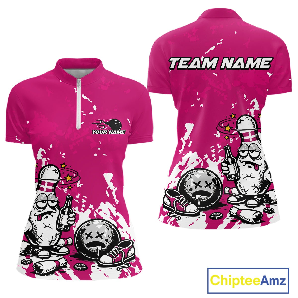Women’s quarter zip bowling shirt mockup in pink and white with splatter background, funny bowling pin drinking beer holding bowling ball illustration