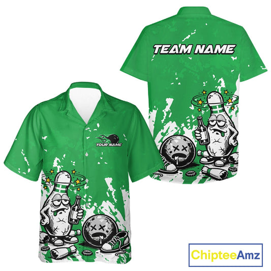 Front and back view of a button-up bowling shirt mockup in green and white, featuring splatter-style drunk bowling pin holding beer bottle and bowling ball.