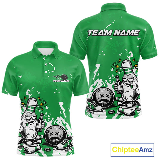 Front and back view of a men’s polo shirt mockup in green and white, featuring splatter-style drunk cartoon bowling pin holding beer bottle and bowling ball.