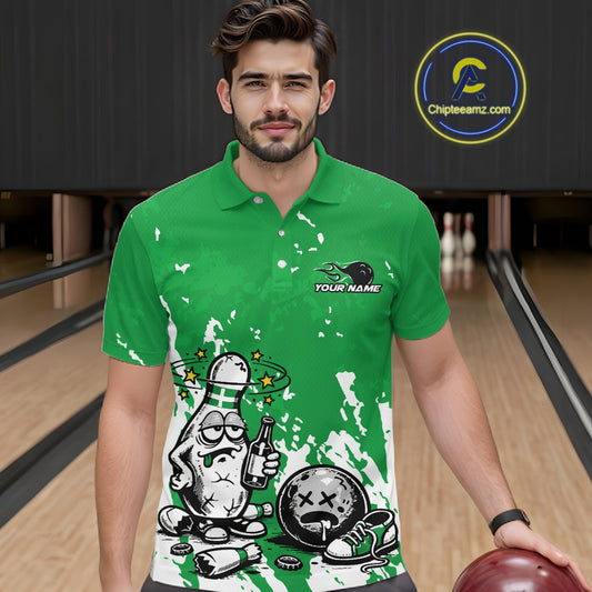 Male model in a bowling lane wearing a green and white polo shirt, humorous drunk bowling pin artwork with beer bottle and bowling ball over splatter background.