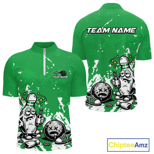 Front and back view of a men’s quarter-zip bowling shirt mockup in green and white, featuring splatter-style drunk bowling pin with beer and ball design.