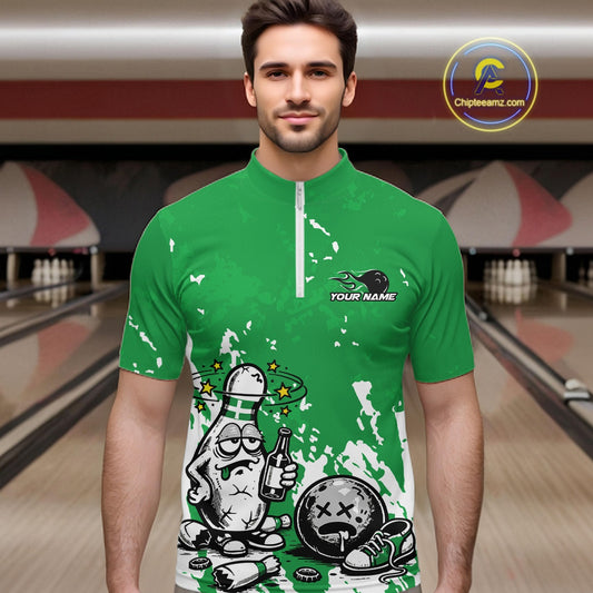 Male model in a bowling lane wearing a green and white quarter-zip shirt, splatter background drunk bowling pin holding beer bottle and bowling ball.