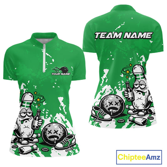 Women’s quarter zip bowling shirt mockup in green and white, splatter background style, cartoon drunk bowling pin holding beer and bowling ball illustration