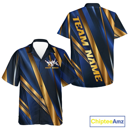 Custom short-sleeve button-up shirt shown in front and back views, featuring a navy blue and gold abstract diagonal stripe pattern with 'TEAM NAME' printed on the back and a customizable crest on the front.