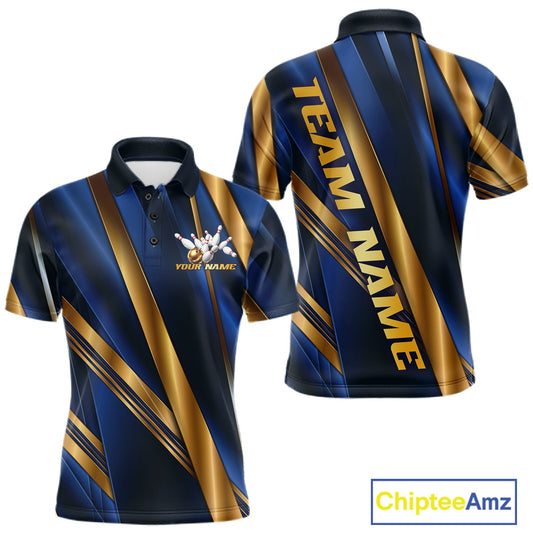 Custom short-sleeve polo shirt shown from the front and back, featuring a navy blue and gold diagonal stripe pattern, a custom crest on the chest, and 'TEAM NAME' printed vertically on the back. A 'ChipteeAmz' logo is visible in the bottom right corner.