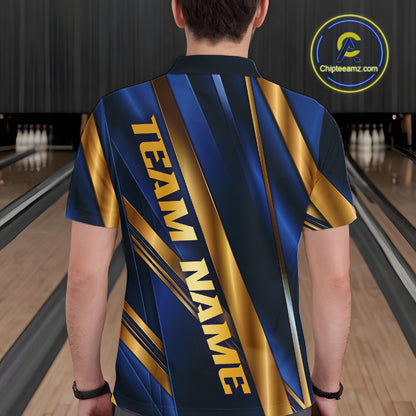 A person viewed from behind wearing a short-sleeve bowling shirt with a blue and gold graphic design that reads 'TEAM NAME'. Bowling lanes are visible in the background, and a circular 'Chipteeamz.