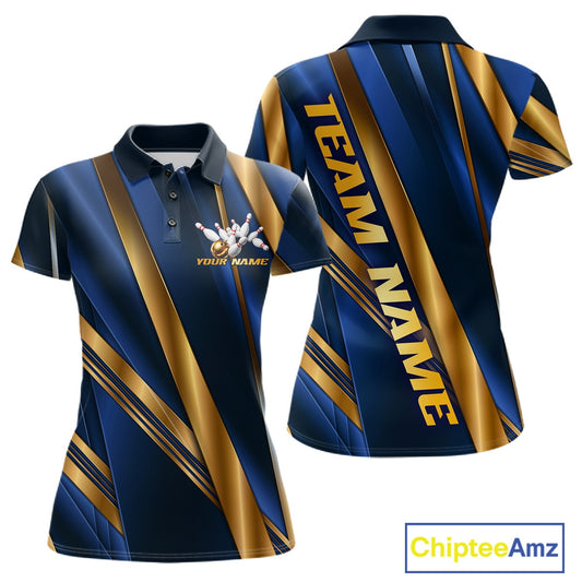 Custom short-sleeve polo shirt shown from the front and back, featuring a navy blue and gold diagonal stripe pattern with a bowling graphic and 'YOUR NAME' on the front chest, and 'TEAM NAME' printed vertically on the back. A 'ChipteeAmz' logo is visible in the bottom right corner.