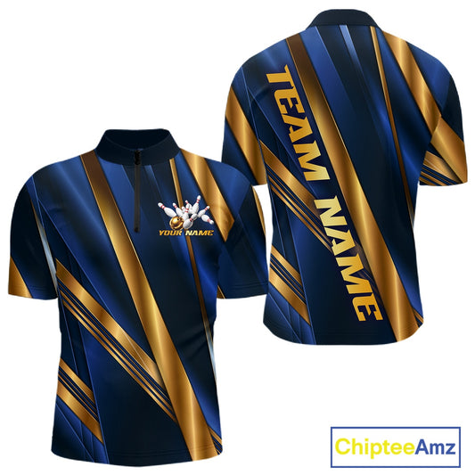 Custom bowling t-shirt shown from both front and back views. The shirt features a navy blue and metallic gold diagonal stripe pattern, a short collar with a black zipper, and customizable text areas including 'TEAM NAME' on the back and 'YOUR NAME' with bowling pins on the front.