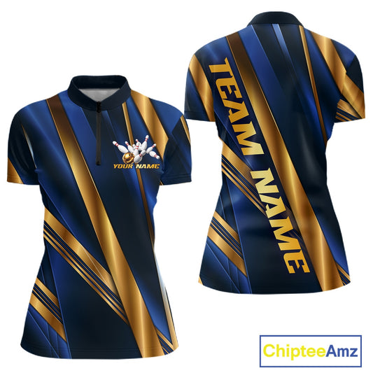 Custom short-sleeve athletic polo shirt shown from the front and back, featuring a navy blue and metallic gold diagonal stripe pattern with a custom logo on the front chest and 'TEAM NAME' printed vertically on the back. The ChipteeAmz logo is visible in the bottom right corner.