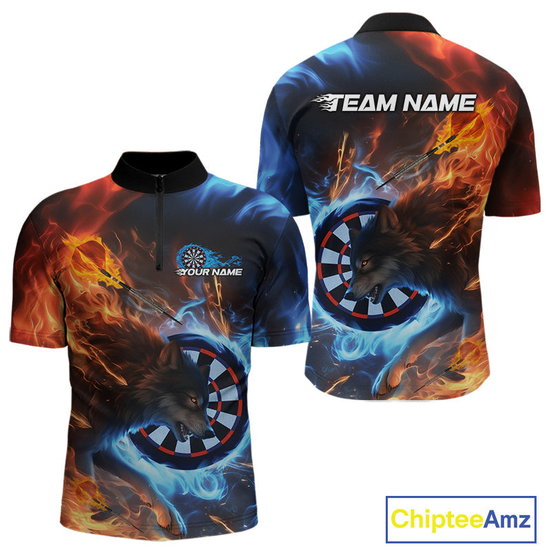 Custom Orange And Blue Smoke Flame Wolf Dart Team Men Quarter-Zip Shirts, Fire Dart Jerseys IPHW10003