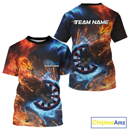 Custom Orange And Blue Smoke Flame Wolf Dart Team Men T-Shirts, Fire Dart Jerseys IPHW10003