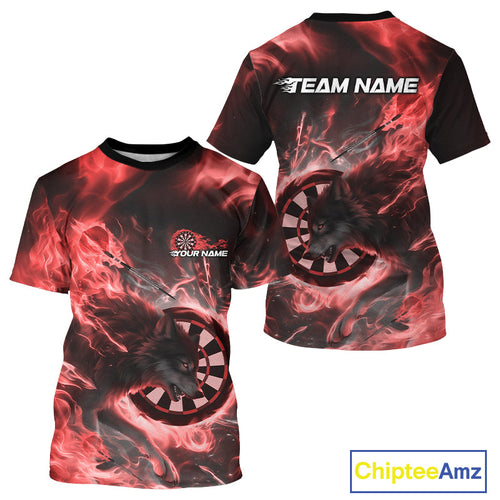 Custom Red Fire Flame Dart Wolf Men T-Shirts, Dart League Team Jerseys IPHW10004