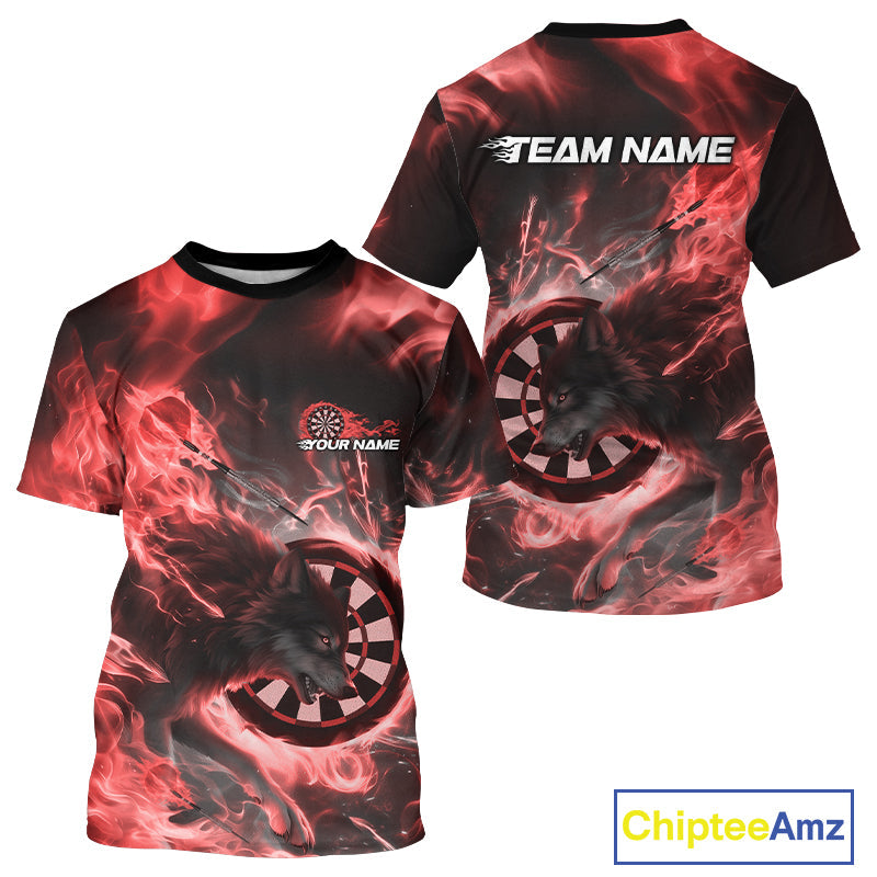 Custom Red Fire Flame Dart Wolf Men T-Shirts, Dart League Team Jerseys IPHW10004