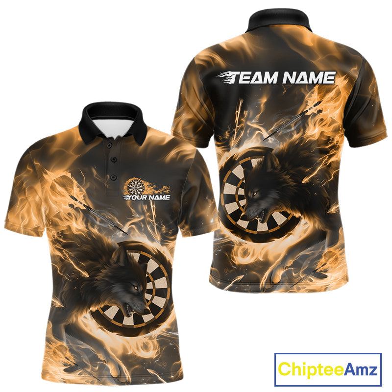 Custom Yellow Fire Flame Dart Wolf Men Polo Shirts, Dart League Shirt Team Jerseys IPHW10005