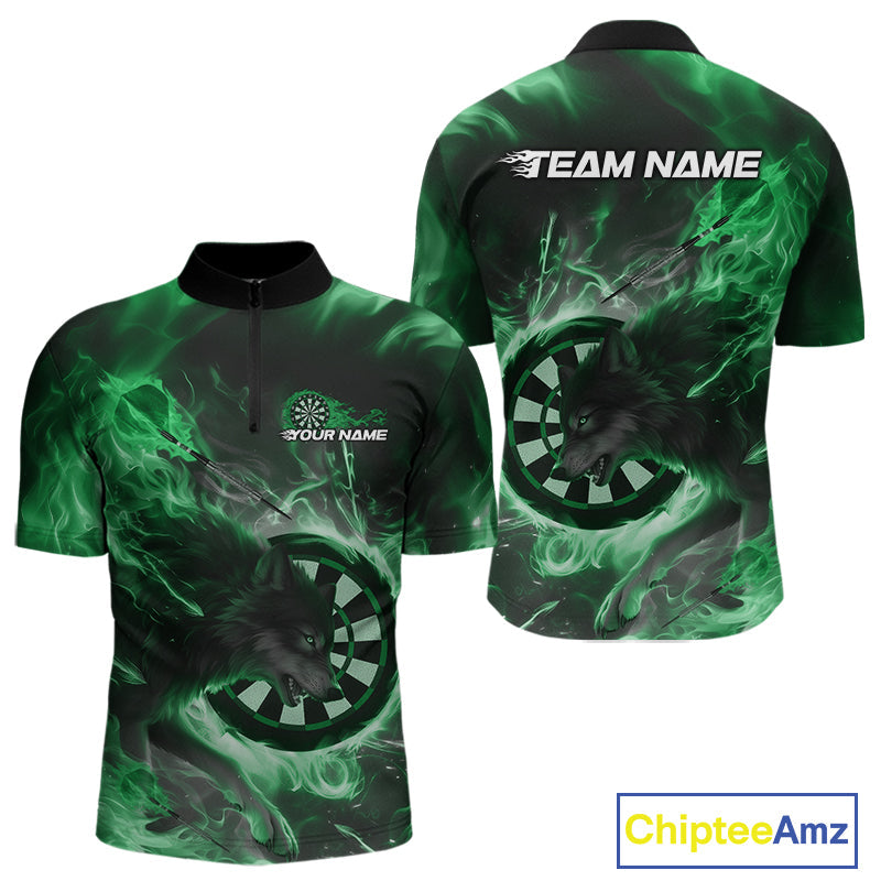 Custom Green Fire Flame Dart Wolf Men Quarter-Zip Shirts, Dart League Shirt Team Jerseys IPHW10007
