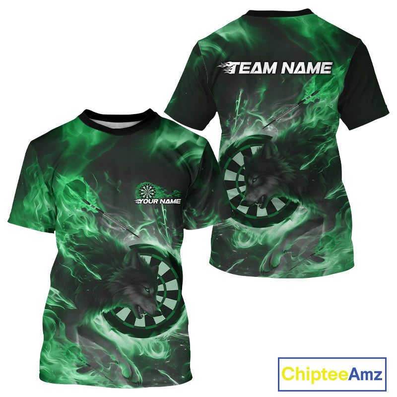 Custom Green Fire Flame Dart Wolf Men T-Shirts, Dart League Team Jerseys IPHW10007