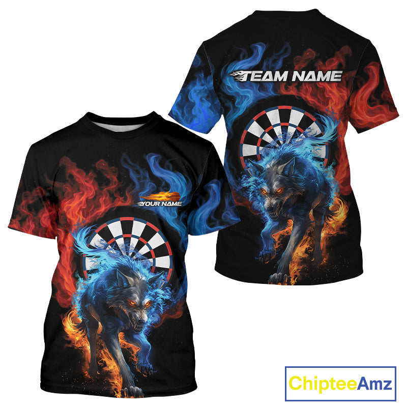 Custom Orange And Blue Smoke Flame Wolf Dart Team Men T-Shirts, Fire Dart Jerseys IPHW10009