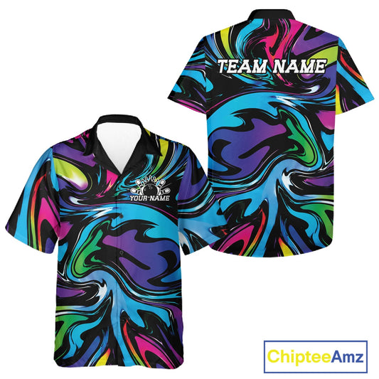 Colorful short-sleeve shirt with abstract design and 'TEAM NAME' text on a white background