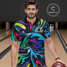 Load image into Gallery viewer, Man wearing a colorful polo shirt with a bowling alley background