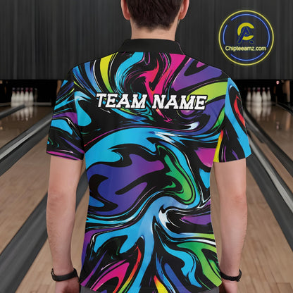 Person wearing a colorful bowling shirt with 'TEAM NAME' text in a bowling alley.
