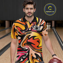 Load image into Gallery viewer, Man wearing a colorful bowling shirt with a pattern, holding a bowling ball on a bowling lane.