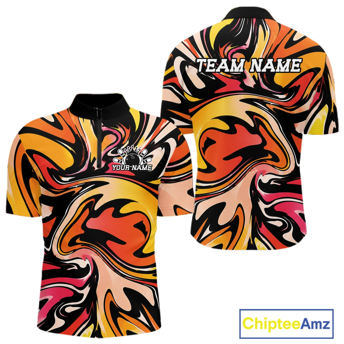 Colorful abstract patterned shirt with 'Team Name' text on a white background, featuring the brand 'Chiptee Amz'.