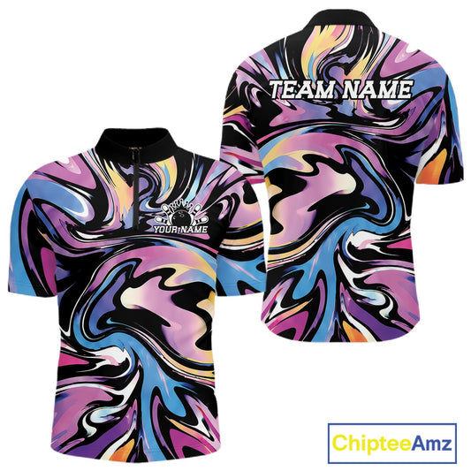 Colorful marbled design shirt with 'TEAM NAME' text on a white background