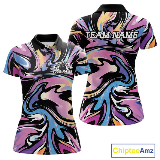 Colorful polo shirt with abstract design and 'TEAM NAME' text, featuring the brand 'Chiptee Amz'.