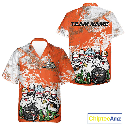 Front and back view of a white button-up bowling shirt mockup featuring orange and white grunge splatter background with humorous cartoon bowling pins and beer bottles artwork.