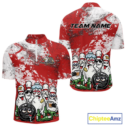 Mens quarter zip bowling shirt mockup displaying red and white grunge splatter design with cartoon bowling pins, bowling ball, and beer bottle themed artwork