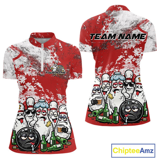 Front and back view of a womens bowling quarter-zip shirt mockup in red and white grunge splatter style, featuring cartoon bowling pins and beer bottles surrounding a bowling ball illustration.