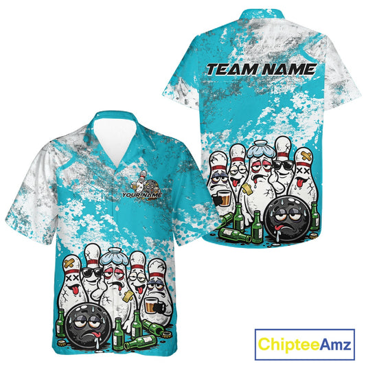 Front and back view of a white button-up bowling shirt mockup featuring turquoise blue and white grunge splatter background with humorous cartoon bowling pins and beer bottles scene.