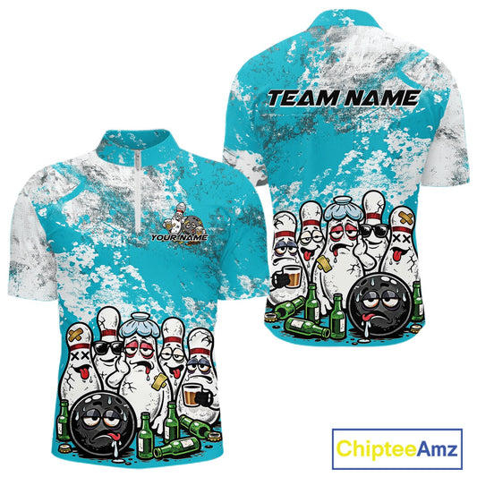 Mens quarter zip bowling shirt mockup featuring turquoise blue and white grunge splatter design with cartoon bowling pins, bowling ball, and beer bottle themed artwork