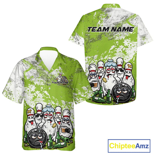 Front and back view of a white button-up bowling shirt mockup featuring green and white grunge splatter background with cartoon bowling pins and beer bottles illustration.