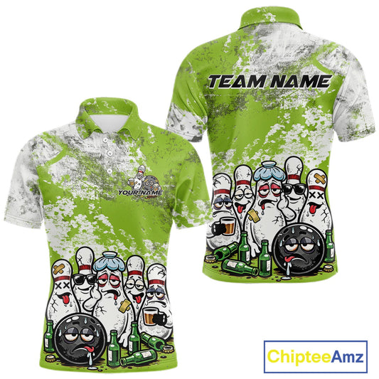 Front and back view of a mens bowling polo shirt mockup featuring green and white grunge splatter background with cartoon bowling pins and a bowling ball surrounded by beer bottles.
