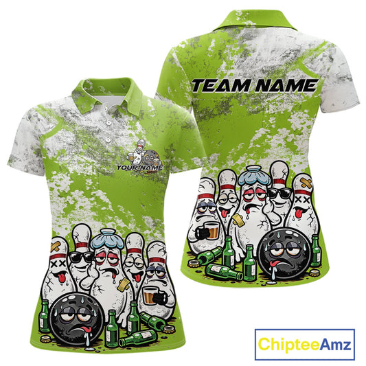 Front and back womens polo shirt mockup, white shirt with green and white grunge splatter, playful bowling pins characters and beer bottle themed graphics