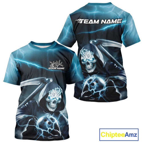 Custom Blue Lightning Grim Reaper Bowling T-Shirts For Men, Halloween Bowling Jerseys IPHW9843