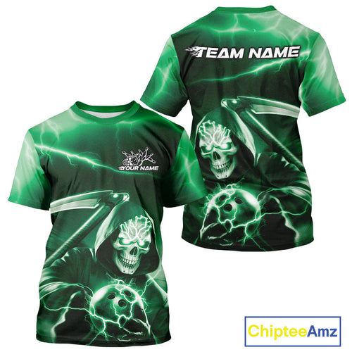 Custom Green Lightning Grim Reaper Bowling T-Shirts For Men, Halloween Bowling Jerseys IPHW9844