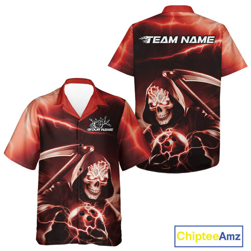 Custom Red Lightning Grim Reaper Bowling Hawaiian Shirts For Men And Women, Halloween Bowling Jerseys IPHW9845