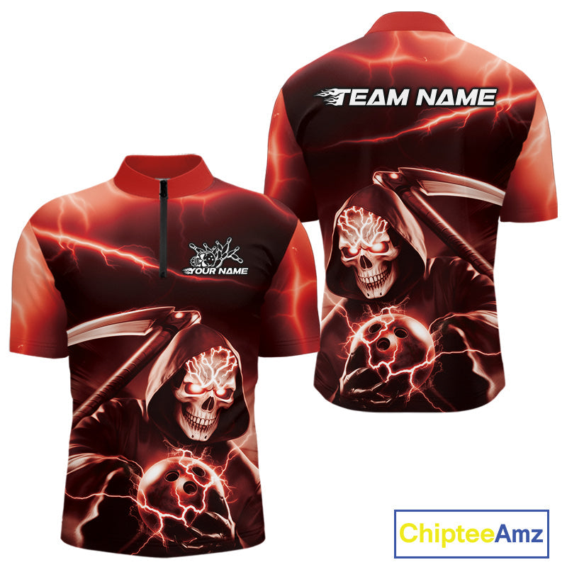 Custom Red Lightning Grim Reaper Bowling Quarter-Zip Shirts For Men, Halloween Bowling Jerseys IPHW9845