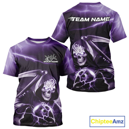 Custom Purple Lightning Grim Reaper Bowling T-Shirts For Men, Halloween Bowling Jerseys IPHW9847